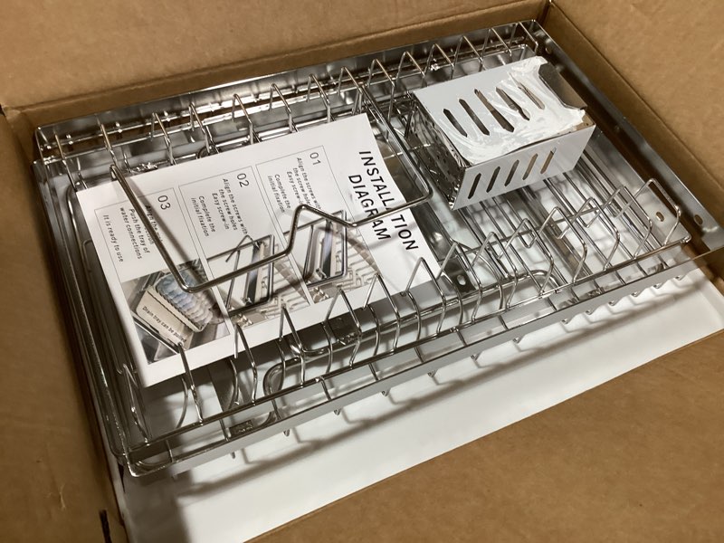 Condition photo showing Good Condition for LIZWETEC Dish Drying Rack, Double Layered countertop Kitchen Organizer with Drainage Large Bowl Rack and Storage Rack with Drainage Board, Suitable for Kitchen Bars (Silver)