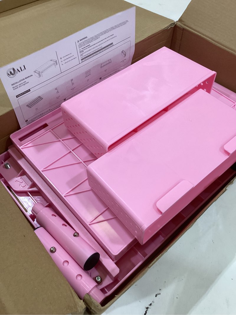 Condition photo showing Good Condition for wali computer monitor stand with storage, desk organizer with drawer and pen holder, desk monitor riser 3 height adjustable, laptop riser for computer, laptop, printer (ptt003-p), 1 pack, pink pink width 14.6" , with drawer and pen holder 1