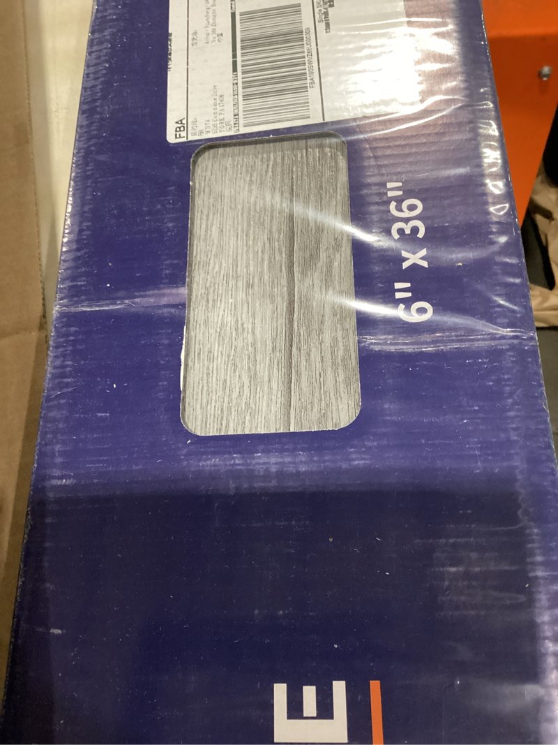 Condition photo showing As Is for peel and stick floor tile, luxury vinyl plank flooring 36-pack 54 sq.ft, real wood look self-adhesive vinyl floor tiles, easy diy for kitchen, bedroom and living room, light grey 36 x 6 x 0.1 inches light grey 36