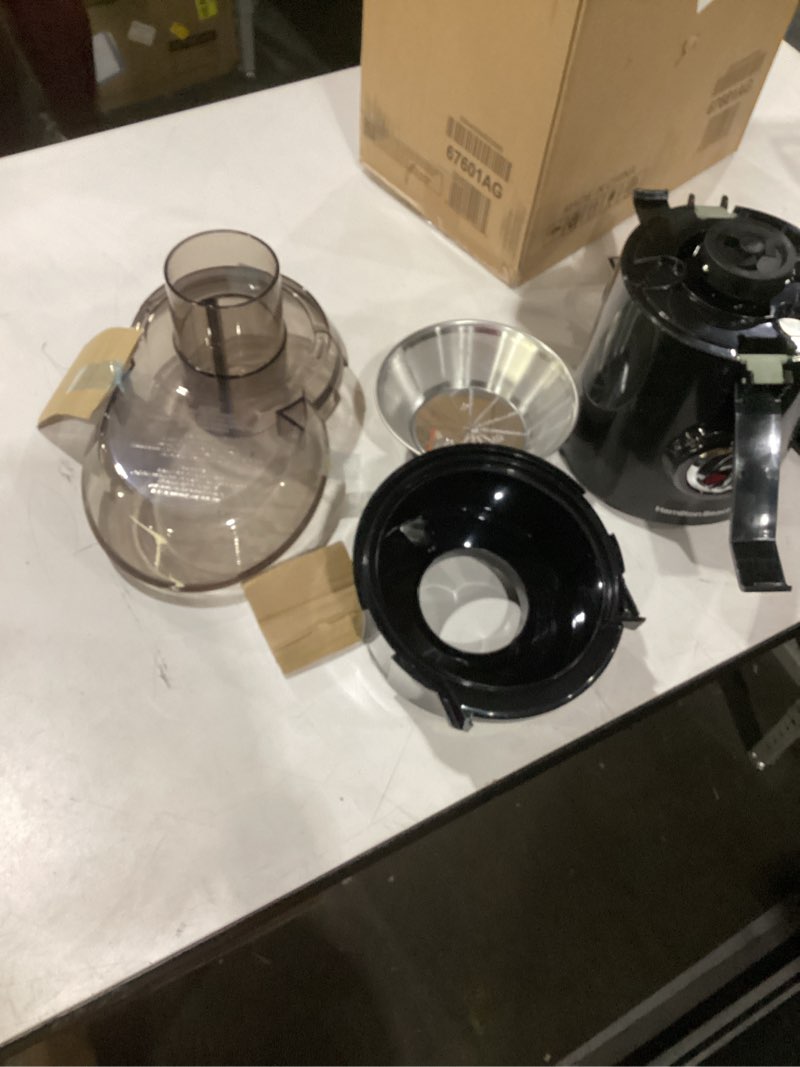 Condition photo showing As Is for hamilton beach juicer machine, big mouth 3” feed chute for whole fruits and vegetables, easy to clean, centrifugal extractor, vegetable & fruit juicer, bpa free, 800w motor, black black 800w motor