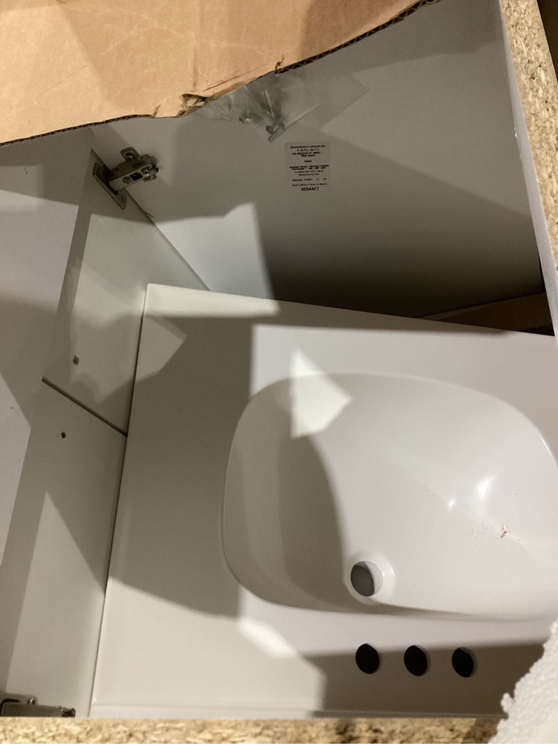 Condition photo showing As Is for similar not exact      bathroom vanity with ceramic sink, bathroom vanity cabinet with 2 doors, 24 inches wooden bathroom sink cabinet, white