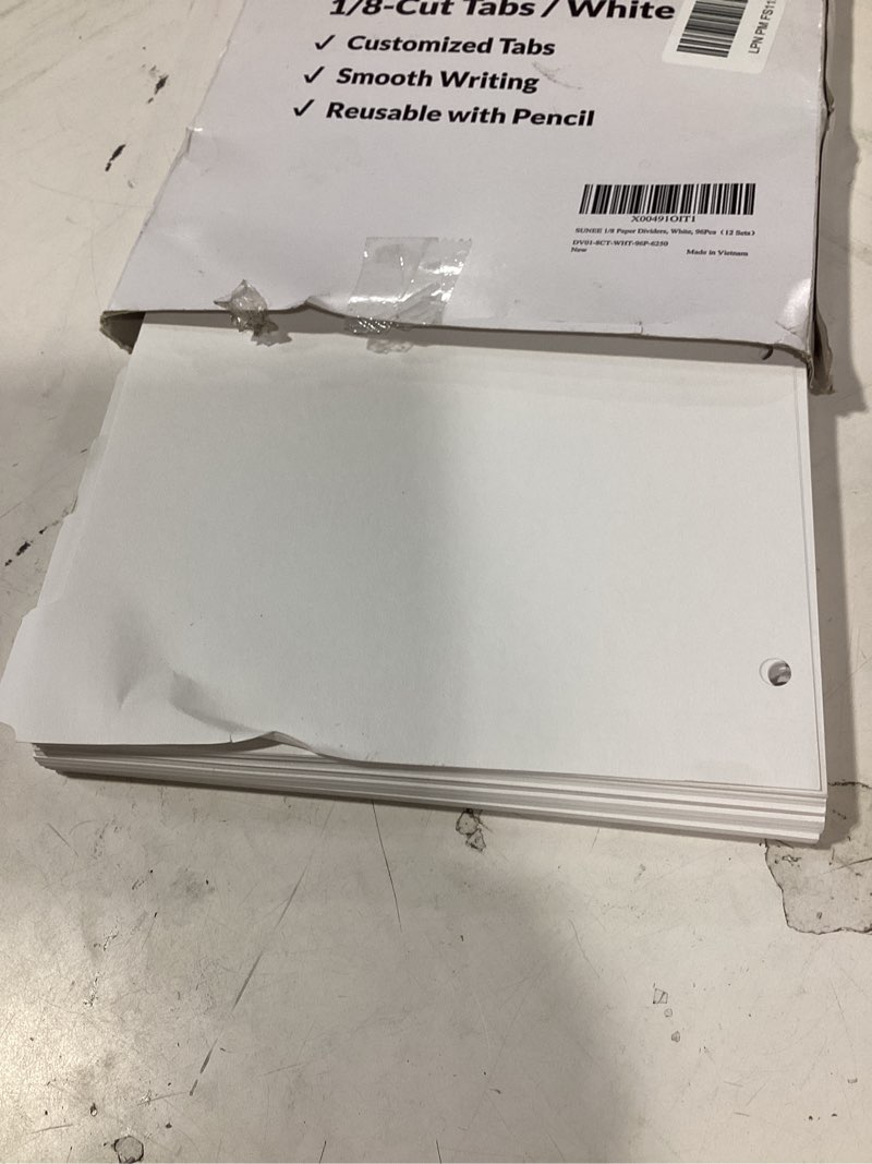 Condition photo showing As Is for sunee binder dividers with tabs for 3 ring binder, 8.5 x 11 paper white binder dividers blank with 8 tabs, 12 sets page dividers for school, office and home, 96 dividers 8 tab - 12 set
