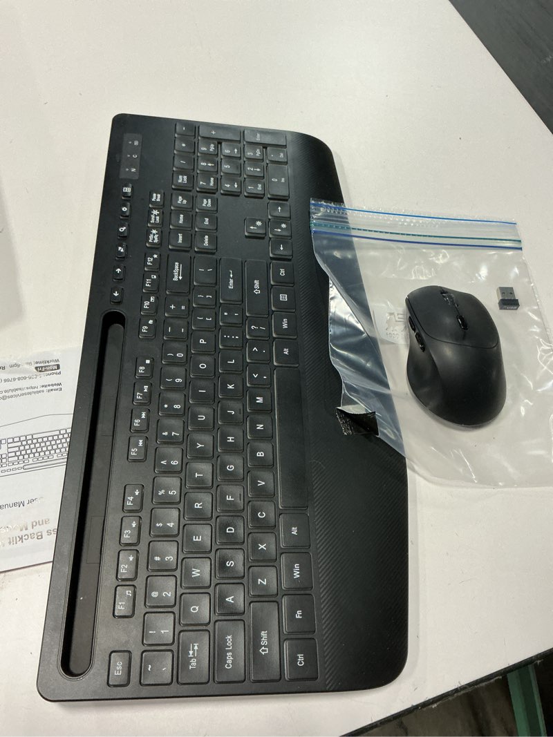 Condition photo showing As Is for Wireless Keyboard and Mouse Combo - 9 Backlit Effects, RGB, Ergonomic Wrist Rest, Phone Holder, 2.4G Full Size, Rechargeable, Sleep Mode, Quiet Keyboard Set for Computer, PC, Laptop, Mac, Windows Classic Black