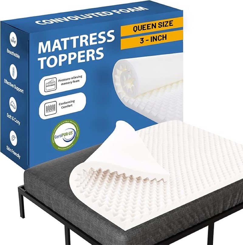 greaton 3-inch convoluted high density foam mattress topper, white certipur-us certified for superior comfort and support, twin,