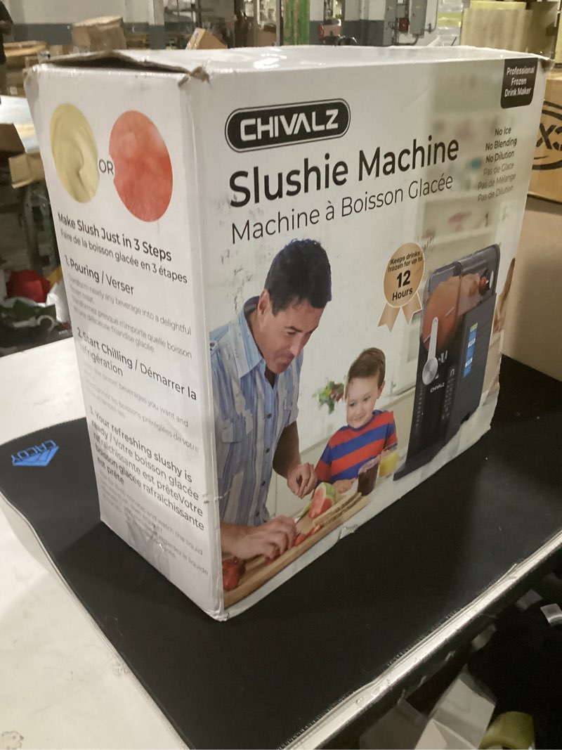 Condition photo showing As Is for chivalz slush machine, frozen drink machine, no ice needed, 12h pre-scheduling, led display, self-cleaning, makes slushies, milkshakes, frappés & cocktail, ad03, black, 6 preset programs +1 pack