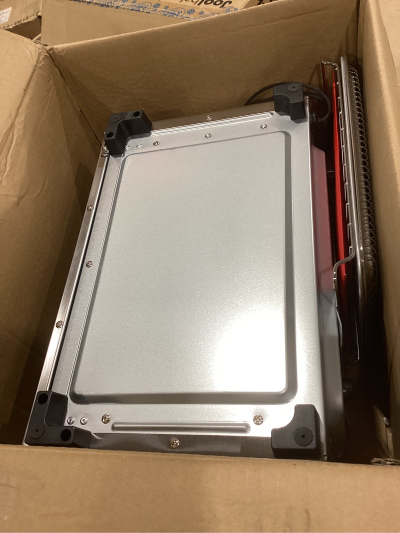 Condition photo showing New/Like New for Gourmia Toaster Oven Digital Air Fryer - Convection Mode with 4 Slice Capacity, 3 Rack Positions, 12 Presets, Toast, Bagel, Bake, Roast, Broil, Dehydrate, Popcorn, Fits 9" Pizza, Stainless Steel Large Silver