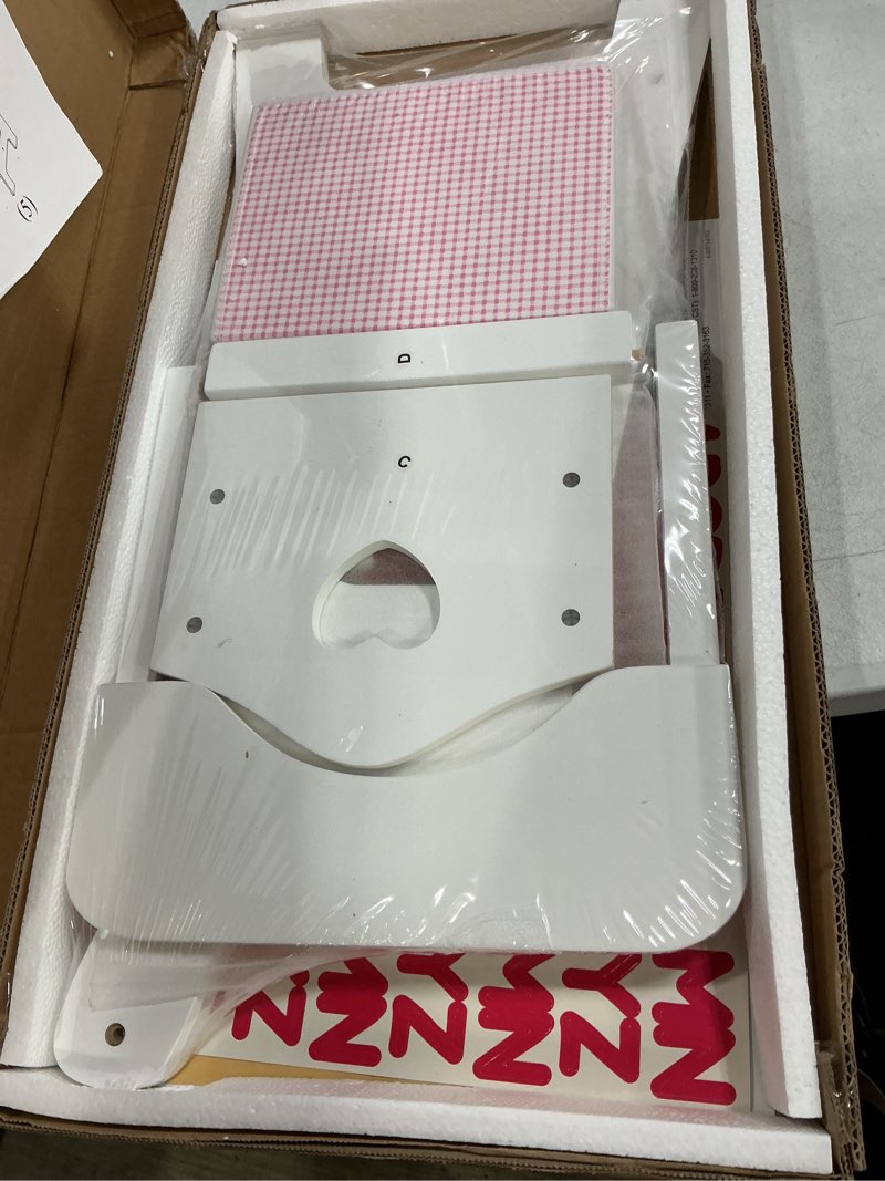 Condition photo showing New/Like New for badger basket wooden baby doll high chair - fits 18" dolls - includes tray, bib & free personalization kit - best for toddler girls for pretend play - white with pink gingham seat