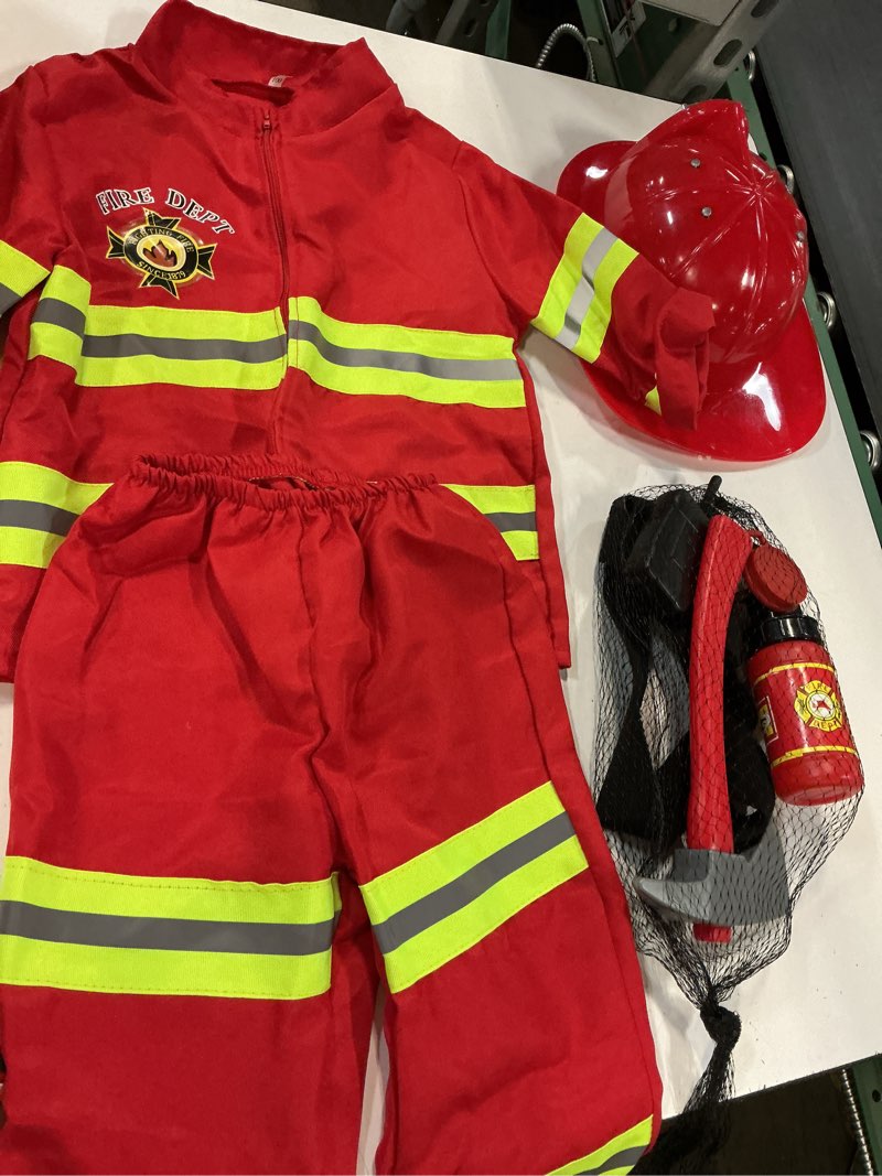 Condition photo showing New/Like New for kid's fireman firefighter costume toys with complete accessories for boys and girls birthday halloween party dress up red 2t 3t