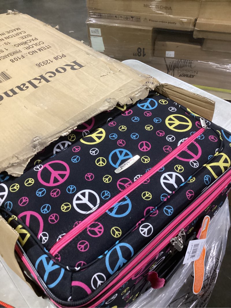 Condition photo showing Good Condition for rockland fashion softside upright luggage set,expandable, wheel, telescopic handle, peace, 2-piece (14/19) 2-piece set (14/19) peace standard packaging