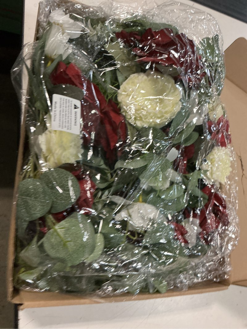 Condition photo showing Good Condition for wedding arch flowers,3pcs set white rose decorative floral swags, artificial greenery eucalyptus leaves flower for sheer drapes, wedding chair, arbor, wedding ceremony and reception arrangement burgundy