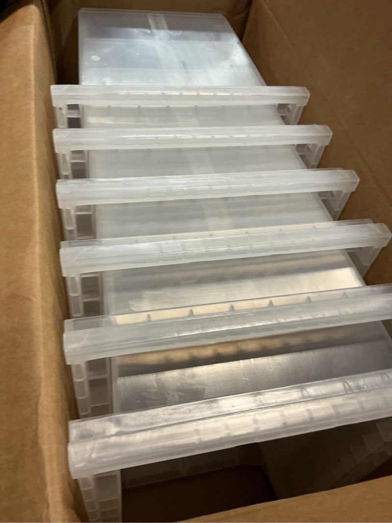 Condition photo showing Good Condition for readyspace plastic containers for organizing and storage bins for closet, kitchen, office, garage or pantry organization, stackable bins, large (14.8" x 8" x 7"), 6-pack, clear clear large, 6-pack