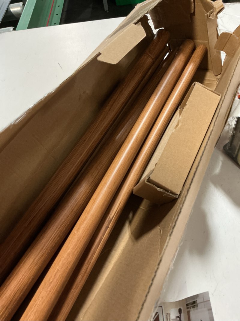 Condition photo showing As Is for kamanina 1 inch wood double curtain rods for windows 36 to 72 inches (3-6 feet) with leaf pattern finials and holdbacks, wood grain
