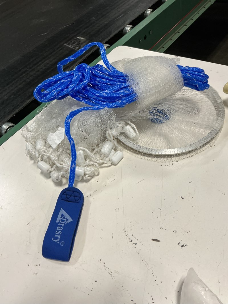 Condition photo showing As Is for drasry saltwater fishing cast net 3/8 and 1/4 mesh with heavy duty gray sinker american monofilament fish throw net for bait trap 3ft 4ft 5ft 6ft 7ft 8ft 9ft radius