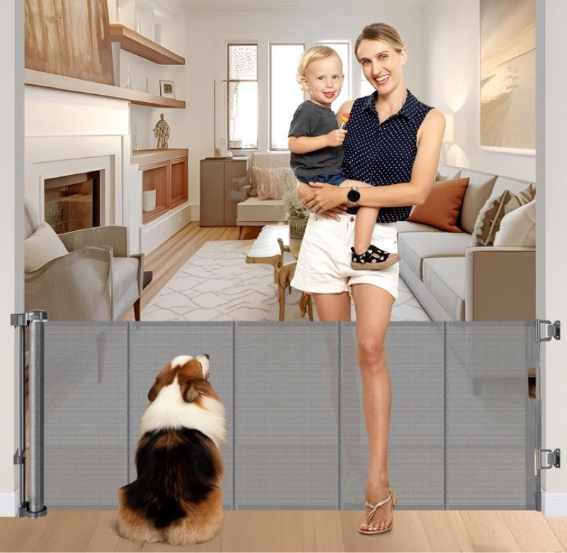 tall retractable dog gate, wide reinforced retractable baby gate-gray