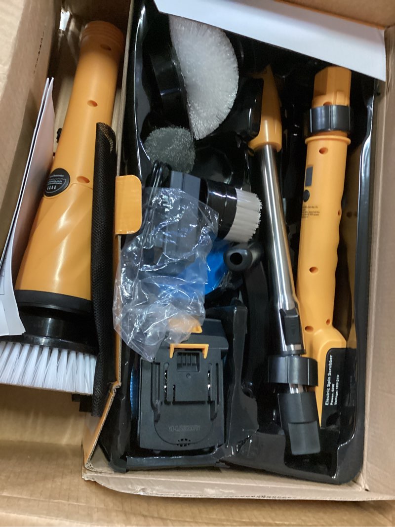 Condition photo showing As Is for qimedo electric spin scrubber extra large brush q3,6000 mah best battery power scrubber for cleaning,1200rpm shower cordless cleaning brush with 8 brushes for bath/tub/tile/floor (smart display) yellow scrubber with 50-inch handle