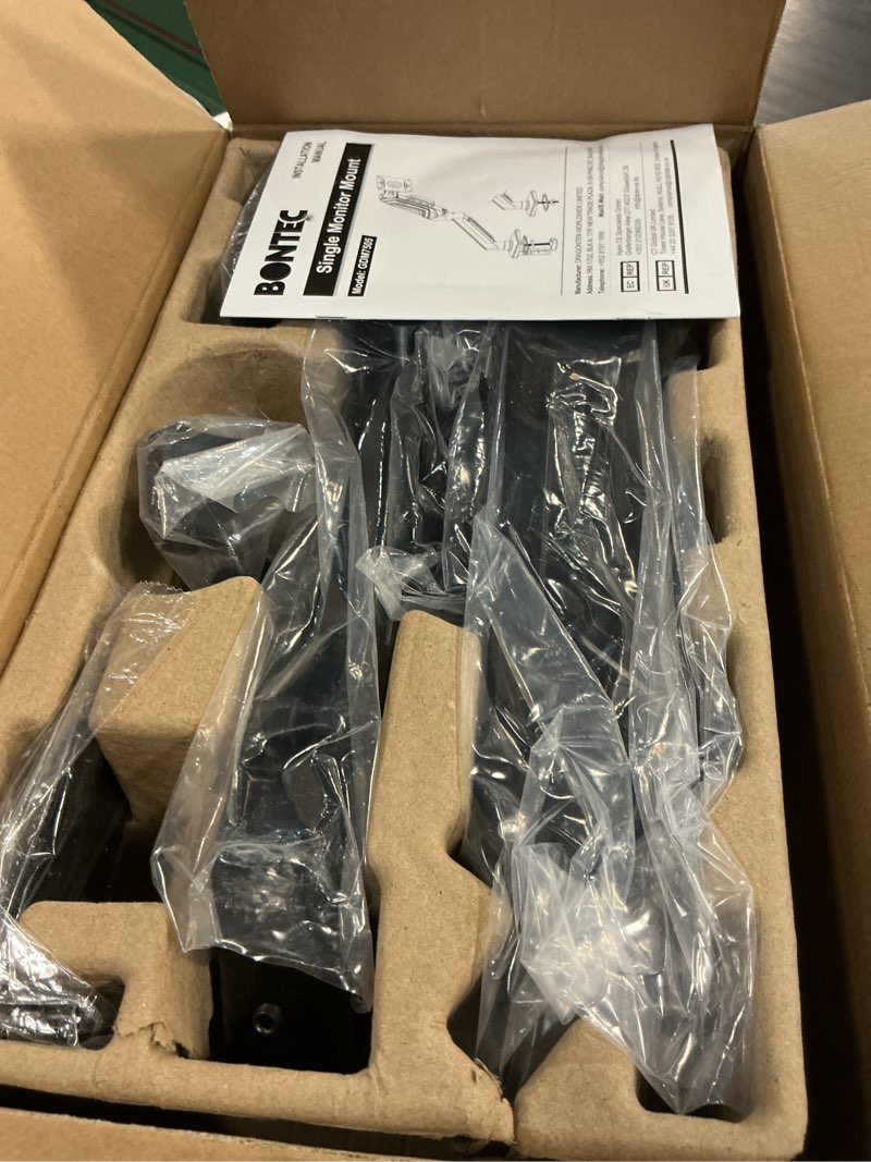 Condition photo showing New/Like New for bontec monitor arm for 15–38 inch screens, ergonomic gas spring single monitor mount, full motion desk stand with tilt swivel rotation, vesa 75x75mm 100x100mm, c clamp, grommet base, cable management single arm 15-38 inch