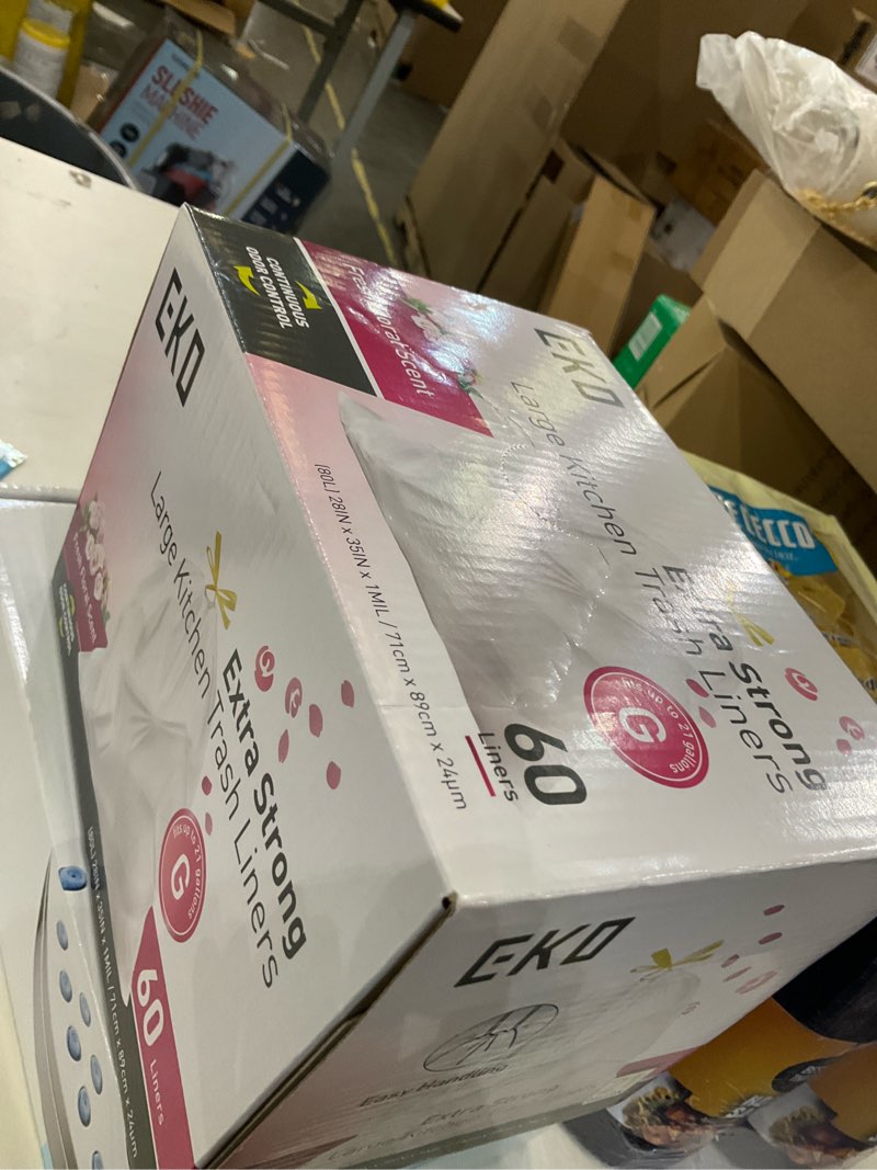 Condition photo showing New/Like New for EKO 21 Gallon / 50-90 Liter, 60 Count Drawstring Trash Bags, Extra-Strong Garbage Bags, Fresh Floral Scent with Continuous Odor Control, Easy-Dispense Roll for Kitchen and Household Use, Code G, White 60 Count (Pack of 1) 21 Gallon Bags/Code G (Fresh Floral)