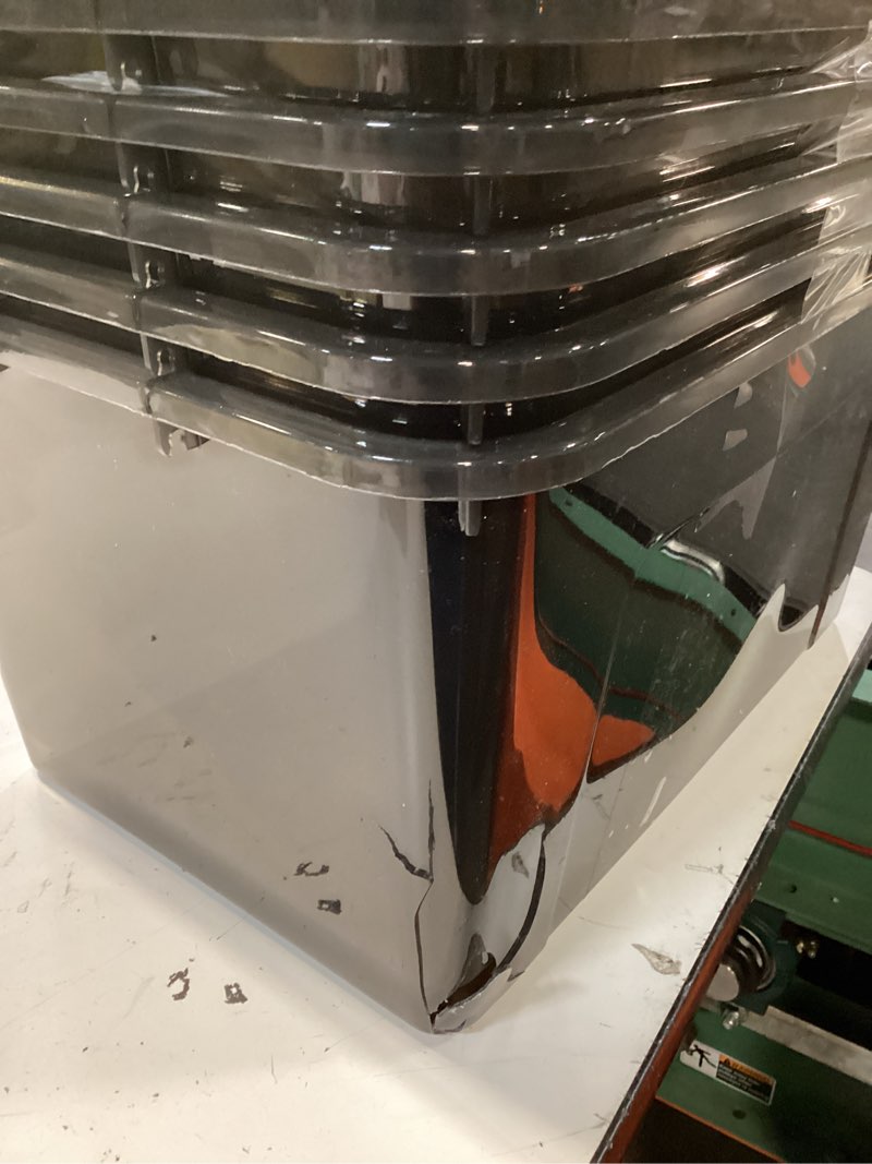 Condition photo showing As Is for 19 quart stackable plastic storage bins with lids, 6 pack clear black organizer boxes with secure latches for garage, tools, closet, office, durable storage 19 qt black