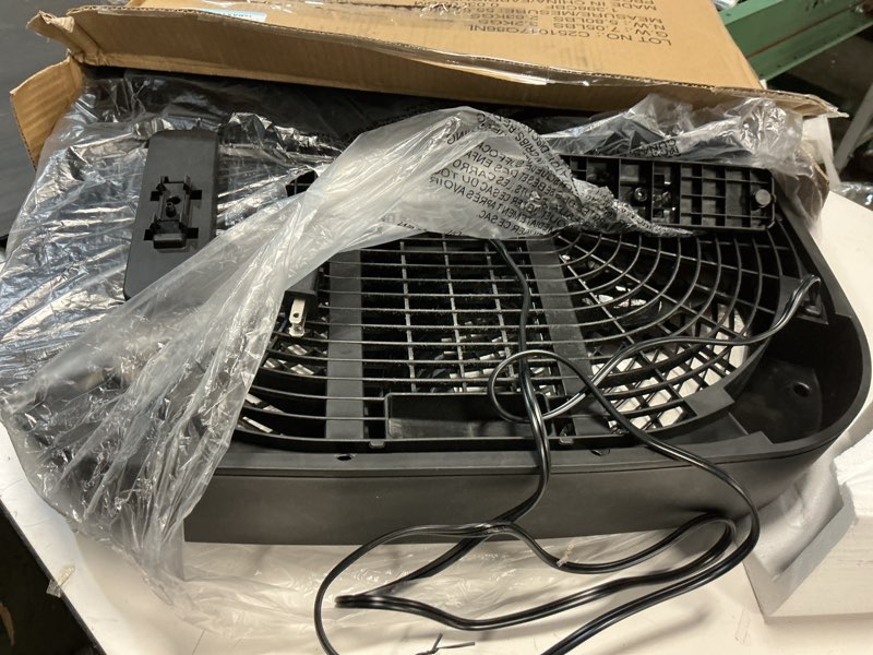 Condition photo showing As Is for Amazon Basics 3 Speed Box Fan, Indoor Electric Fan for Home Cooling, 5 Blades, Lightweight Design, 67 Watts, 20-Inch, Black, 6.8"D x 20.86"W x 21.33"H