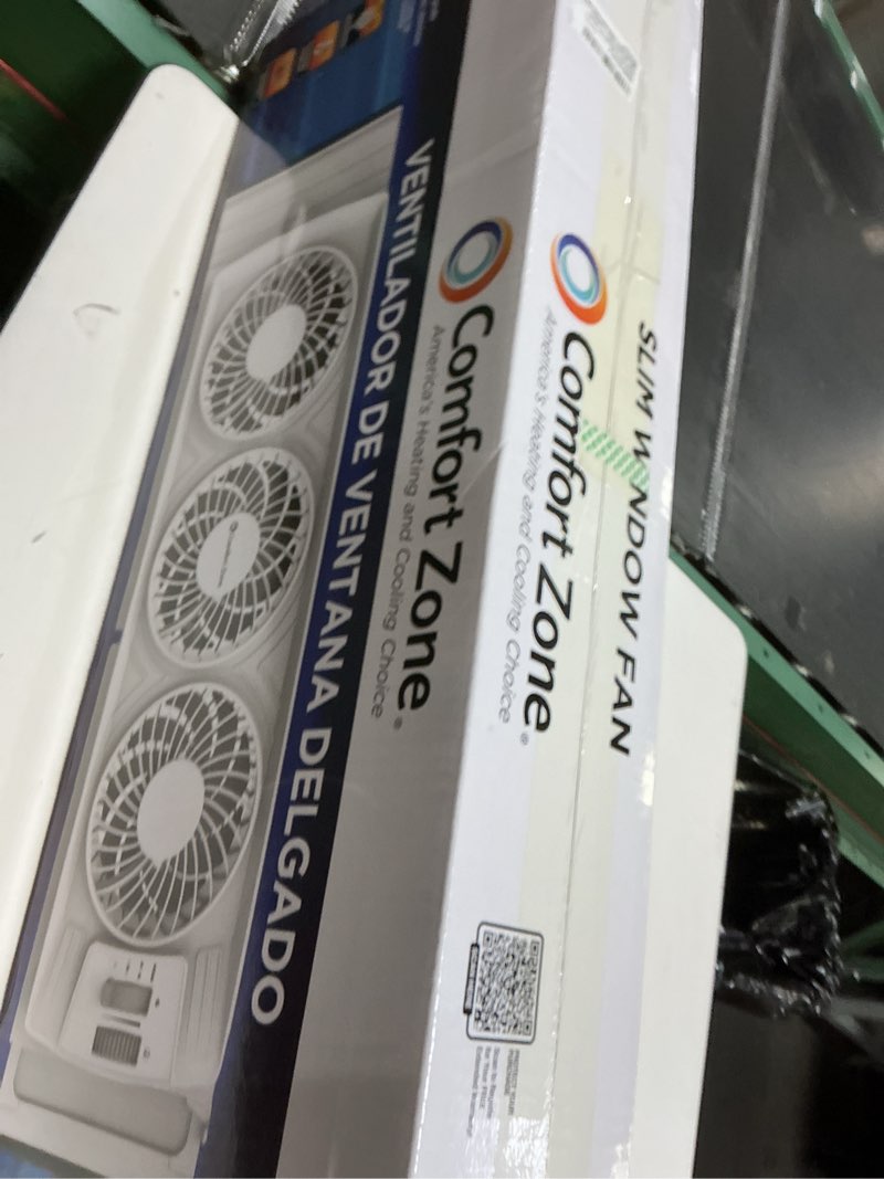 Condition photo showing New/Like New for comfort zone triple window fan with adjustable thermostat | 3-speed high-velocity cooling | horizontal or vertical manual control | fits double hung windows (min 25" x 8") | fully assembled | white