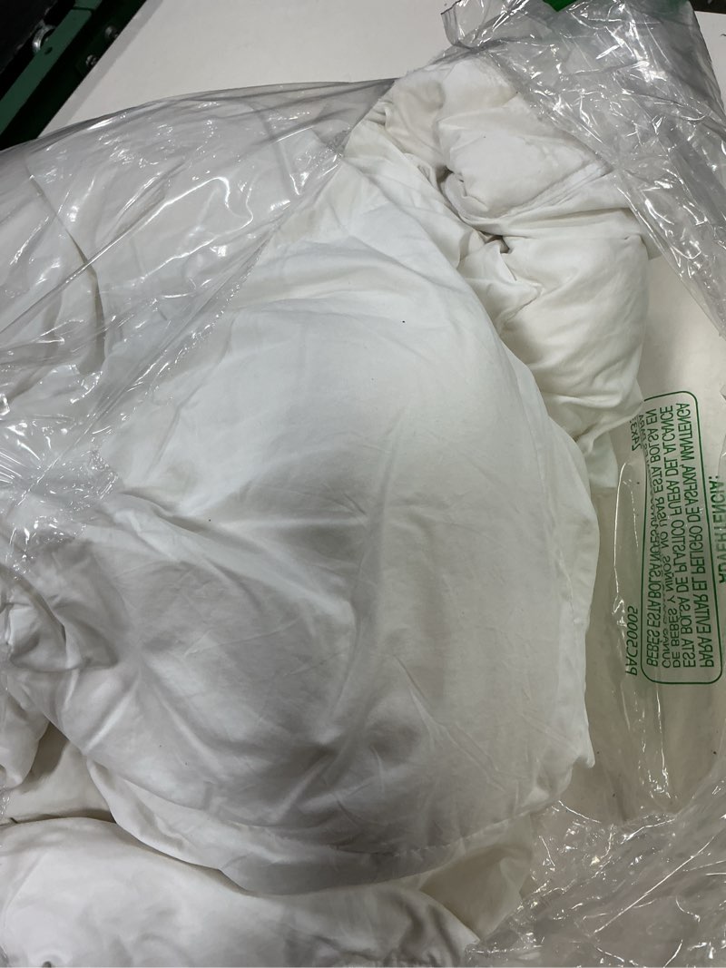 Condition photo showing As Is for three geese twin size goose feather down fiber comforter - ultra soft all-season down duvet insert fluffy baffle box design with 8 corner loops for warmth and softness. twin white