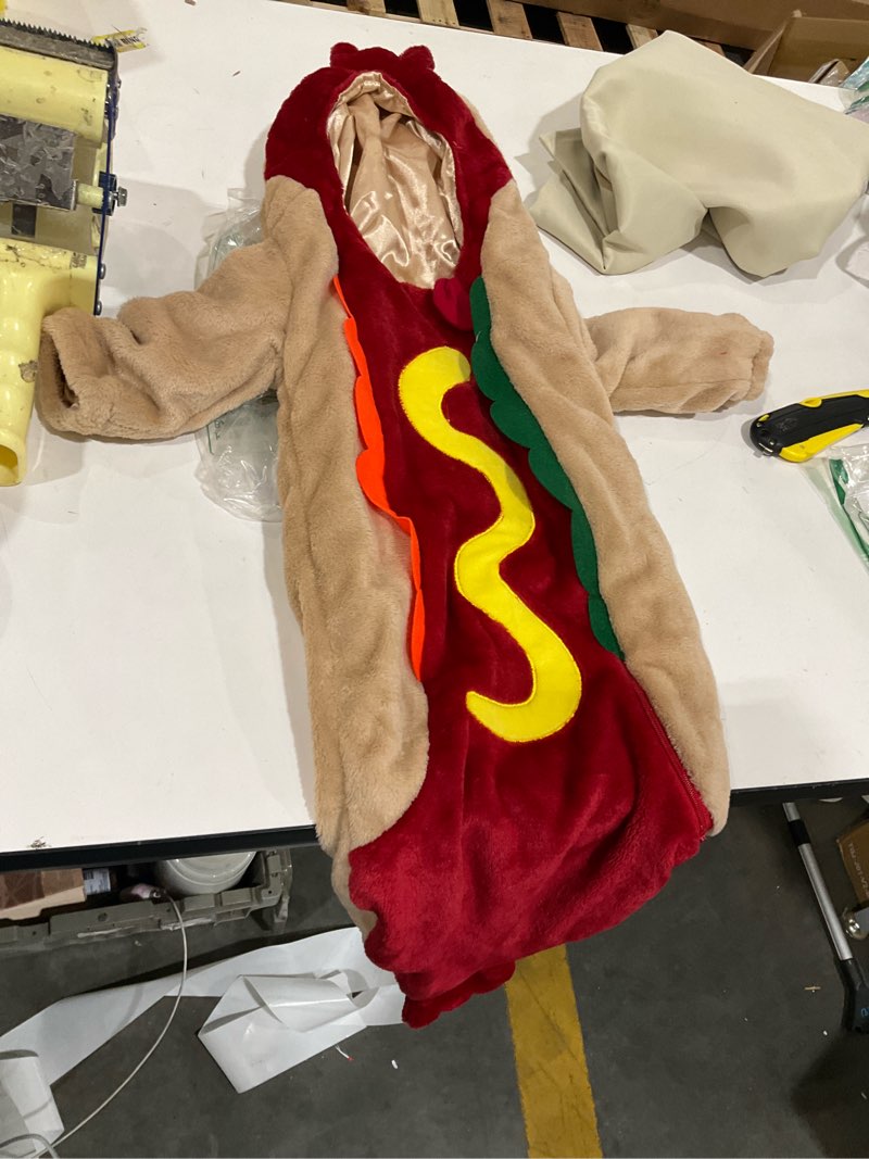 Condition photo showing Good Condition for Newborn Halloween Costumes Baby Hot Dog Costume Plush Long Sleeve Hooded Romper Bag Cute My First Halloween Outfit A-khaki 0-3 Months