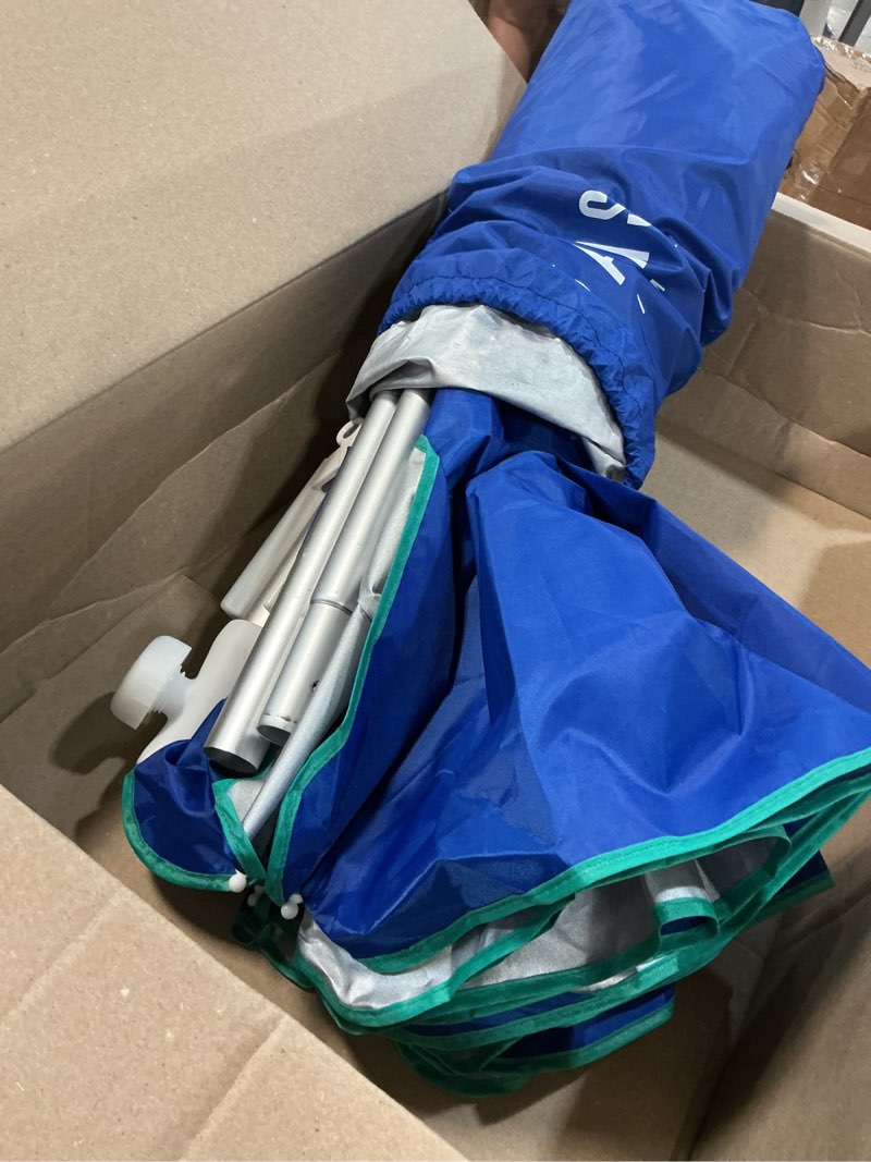 Condition photo showing As Is for ammsun 6.5ft twice folded portable beach umbrella with sand anchor windproof, push button tilt and air vent upf 50+ protection fits in a large suitcase for patio garden beach pool backyard blue 6.5ft blue