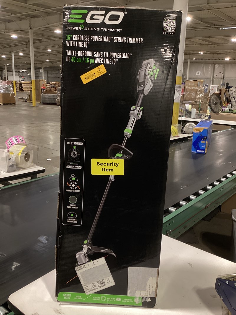 Condition photo showing As Is for ego power + powerload with line iq 56-volt 16-in telescopic shaft battery string trimmer 4.0 ah (battery included) (charger included)