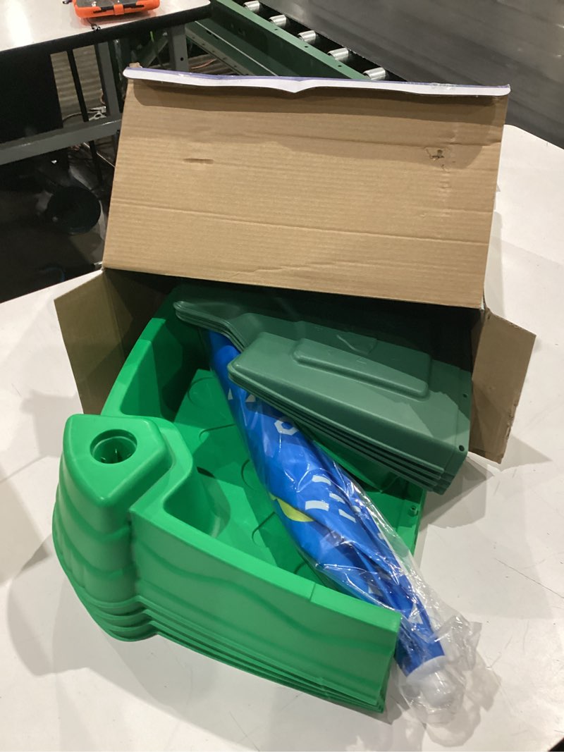 Condition photo showing Good Condition for turtle sandbox with lid and adjustable umbrella, large square sand box with 6 molds & 4 shovels, outdoor beach toys for toddlers ages 3+
