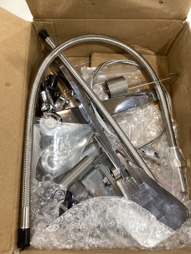Condition photo showing As Is for universal polished aluminum throttle pedal, 2" x 4-1/2", includes stainless steel braided 36" throttle cable kit with 24" sleeve and cable & carb bracket