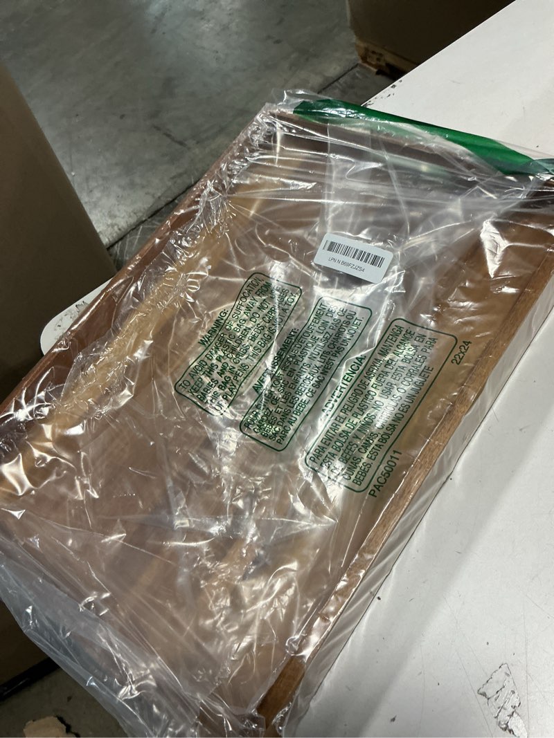 Condition photo showing New/Like New for 17 Inch Acacia Wood Serving Tray with Handles, Large Wooden Tray for Ottoman, Breakfast in Bed, Coffee Table, Dinner, Perfect for Living Room Bedroom Entryway and Kitchen 12" x 1.6" x 17" Acacia