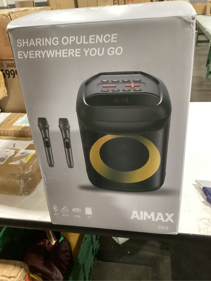 Condition photo showing New/Like New for AIMAX Karaoke Machine with 2 Wireless Microphones, 6.5" Portable Bluetooth PA Speaker System for Kids & Adults, RGB Party Lights, Supports TF/USB/AUX, Ideal for Home, Classroom & Outdoor Party, Black