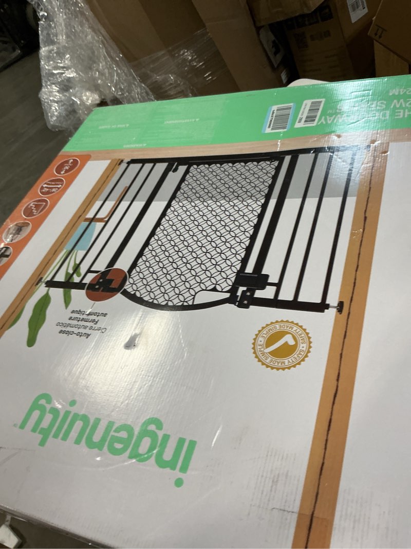 Condition photo showing Good Condition for ingenuity decorative panel tall baby gate & dog gate, 28"-42" wide, 30" tall, hardware or pressure mounted, install on top or bottom of stairs, banister, or doorway - espresso
