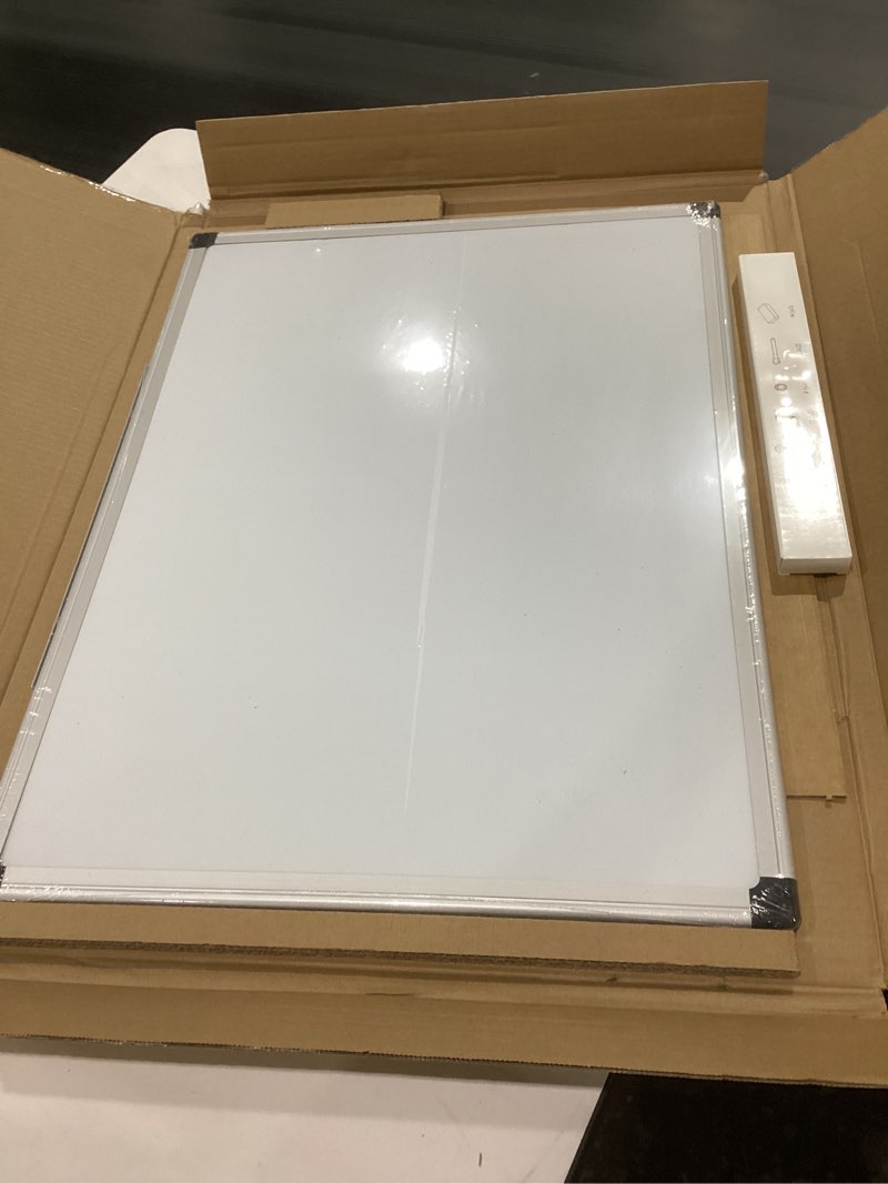 Condition photo showing Good Condition for vusign magnetic white board kit for wall 24" x 18", 1 dry eraser & 2 multicolor markers & 4 magnetic pins, sliver reinforced aluminum frame for home, school, office 24"w x 17.8"h