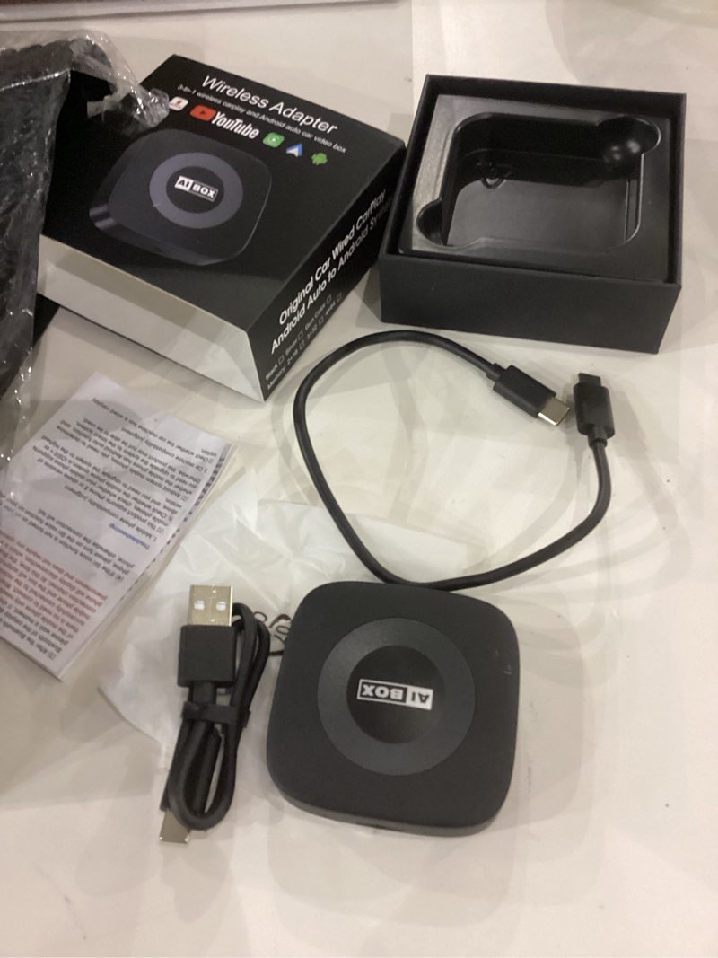 Condition photo showing As Is for Wireless Carplay Adapter with Netflix/YouTube Ai Box for iPhone & Android Auto Supports TF Card Plug & Play Car Play Video Entertainment Box Fits for OEM Wired CarPlay Cars