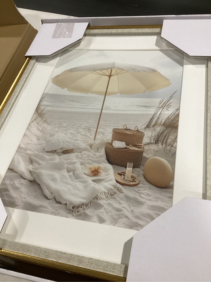Condition photo showing Good Condition for Framed Coastal Beach Wall Art Set of 2 – Tranquil Seaside Picnic and Sandy Pathway Prints with Gold Frame and White Matting, Beach House Wall Decor for Living Room, Bedroom, or Bathroom, 16x20 Inches Framed 16“ x 20” x 2 Neutral