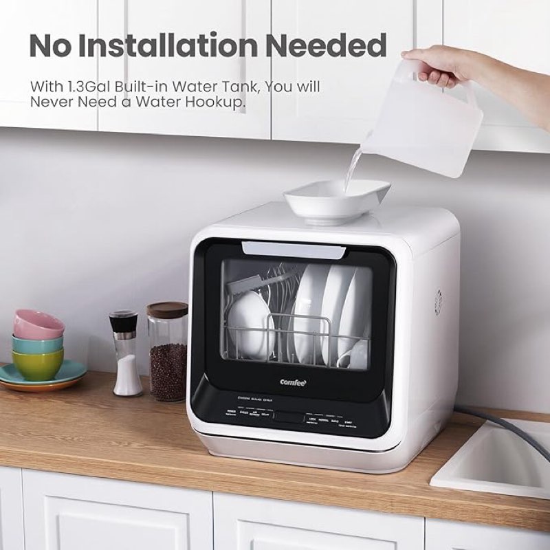comfee' portable mini dishwasher countertop with 1.32gal built-in water tank for apartments& rvs, no hookup needed, 6 programs, 360° dual spray, 162? high-temp& air-dry function