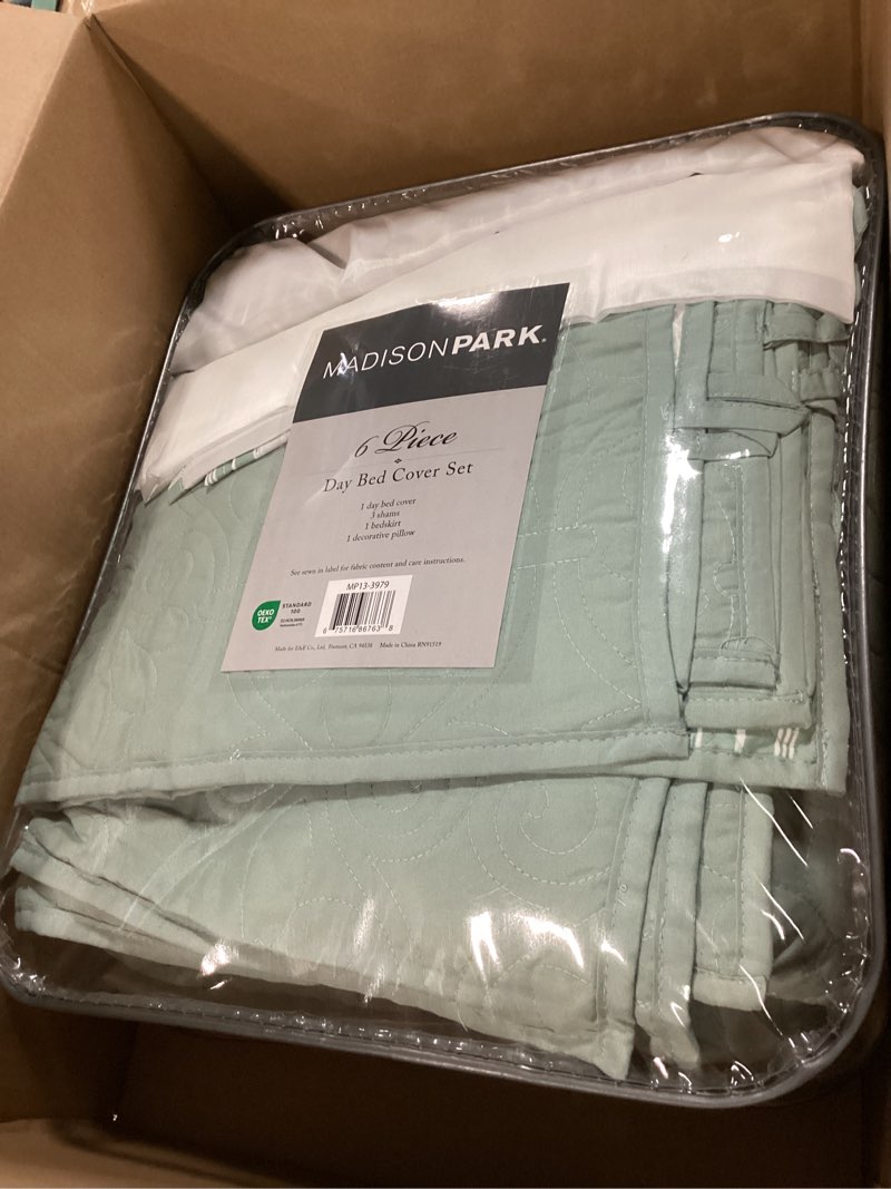 Condition photo showing New/Like New for Madison Park Cotton Daybed Cover Set-Double Sided Quilting Classic Cottage Design All Season Bedding with Bedskirt, Matching Shams, Decorative Pillow, 39"x75", Quebec Seafoam 6 Piece 75"x39" Quebec Seafoam