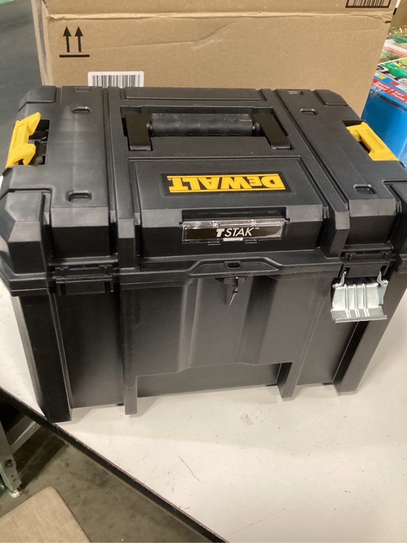 Condition photo showing As Is for dewalt tstak tool box, extra large design, removable tray for easy access to tools, water and debris resistant (dwst17806)