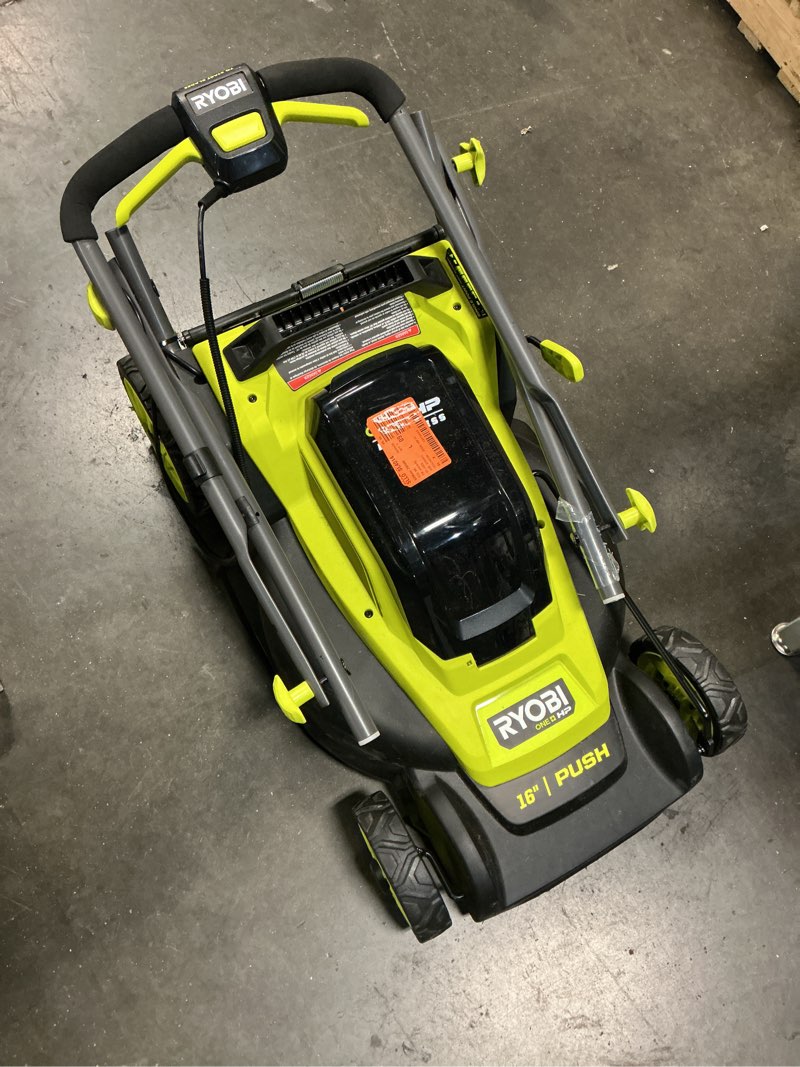 Condition photo showing As Is for ryobi oneand hp 18v brushless 16 in. cordless battery walk behind push lawn mower tool on
