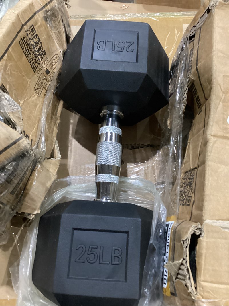 Condition photo showing Good Condition for single 25 lb black rubber coated hex dumbbell