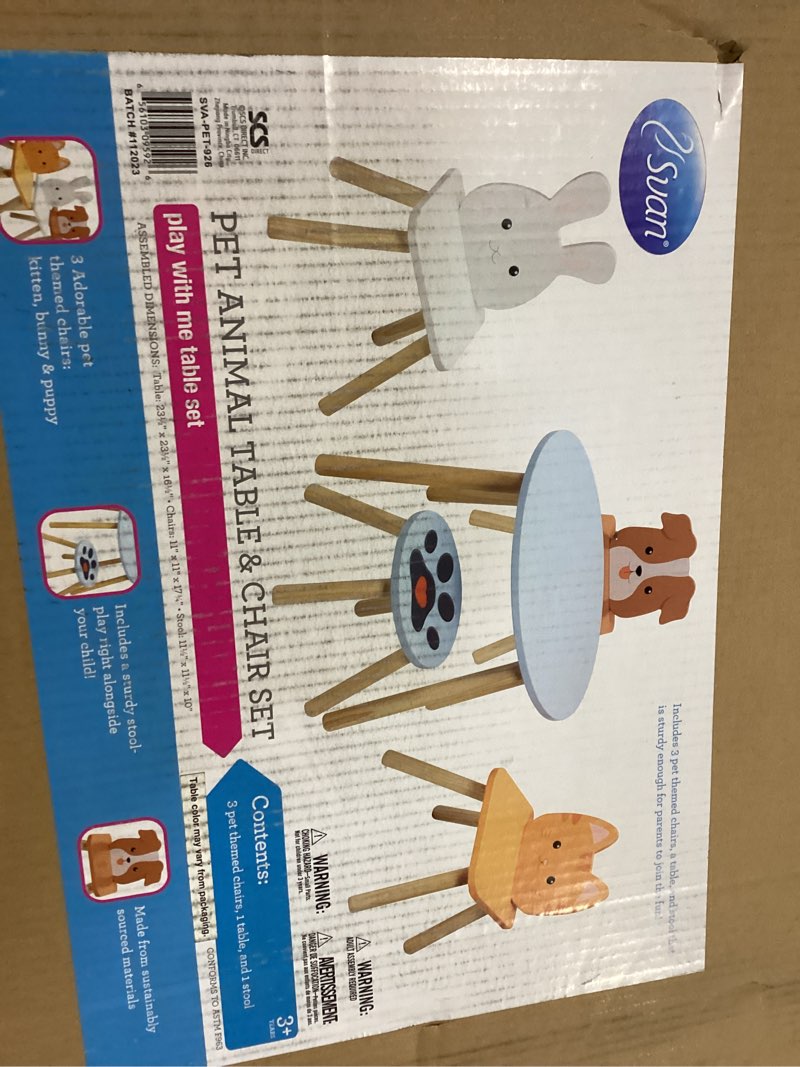 Condition photo showing New/Like New for Kids Wooden Animal Table & Chair Set w 3 Seats (Puppy Kitten & Bunny) & Adult Stool for Arts Crafts, Dining, Pretend Play- Playroom Furniture for Home, Daycare, Classrooms for Toddlers to Big Children