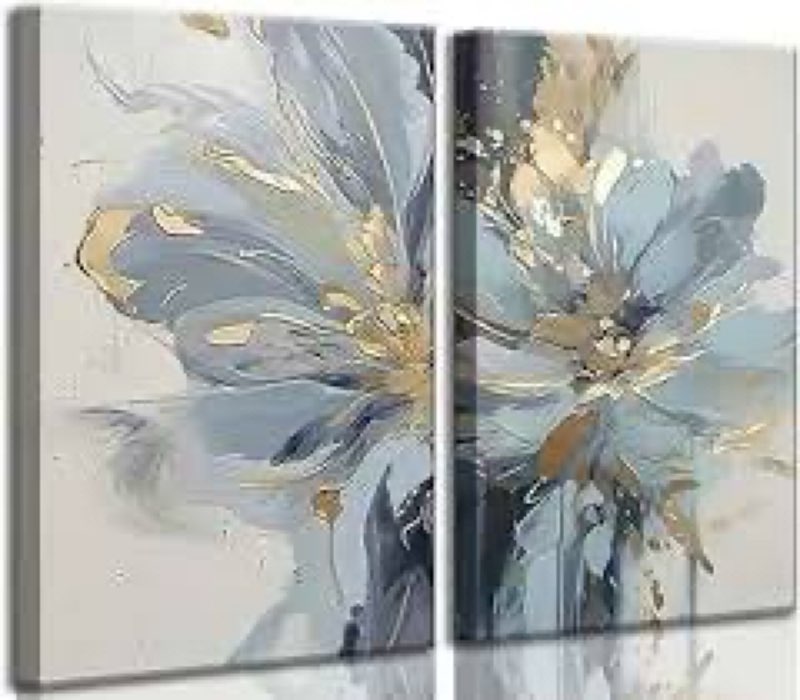 2Pcs Neutral Abstract Floral Canvas Wall Art Luxurious Light Blue Grey And Gold Flower Painting Pict