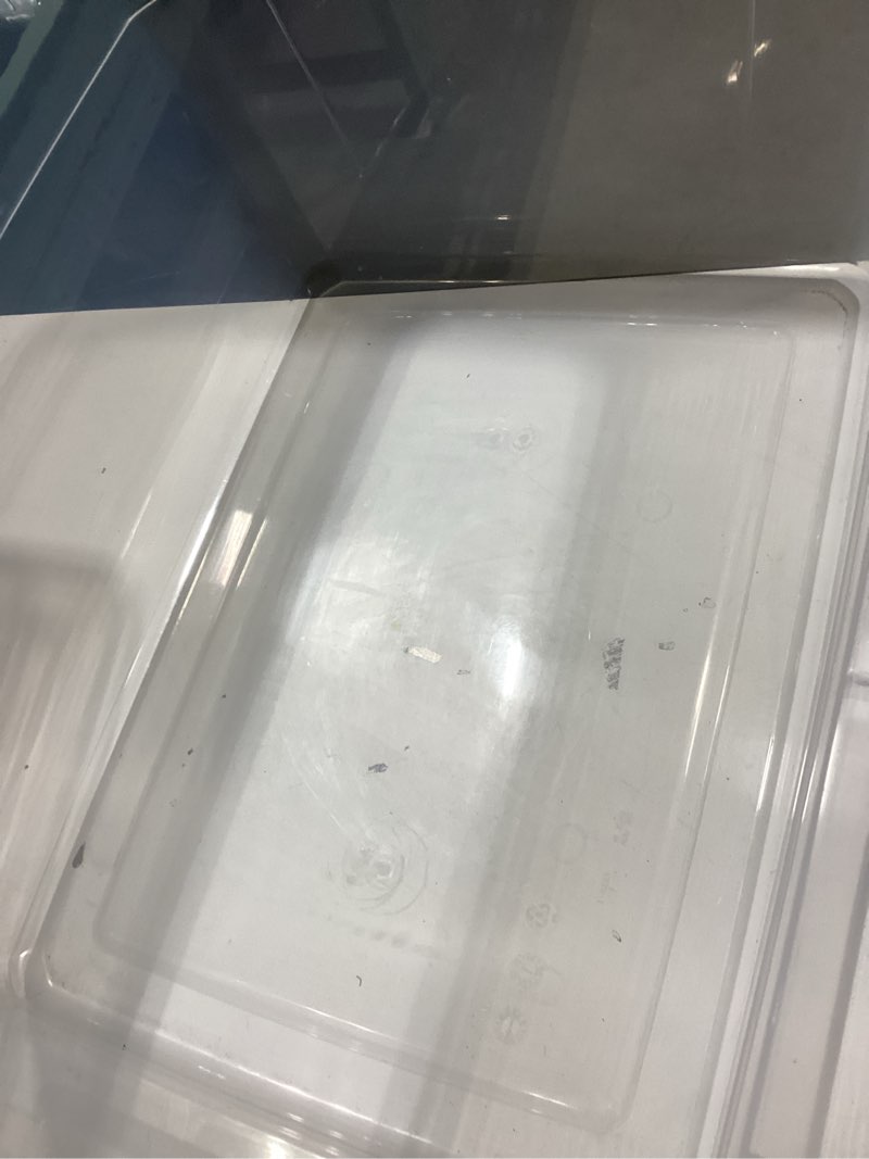 Condition photo showing As Is for project source large 13.25 -gallons ( 53 -quarts ) clear stackable tote with standard snap lid