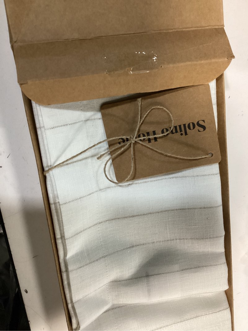 Condition photo showing New/Like New for Solino Home Linen Placemats Set of 4 - Pinstripe Black and White Placemats 14 x 19 Inch - 100% Pure Linen Place Mats for Winter, Spring Black & White 14" x 19" (Set of 4)