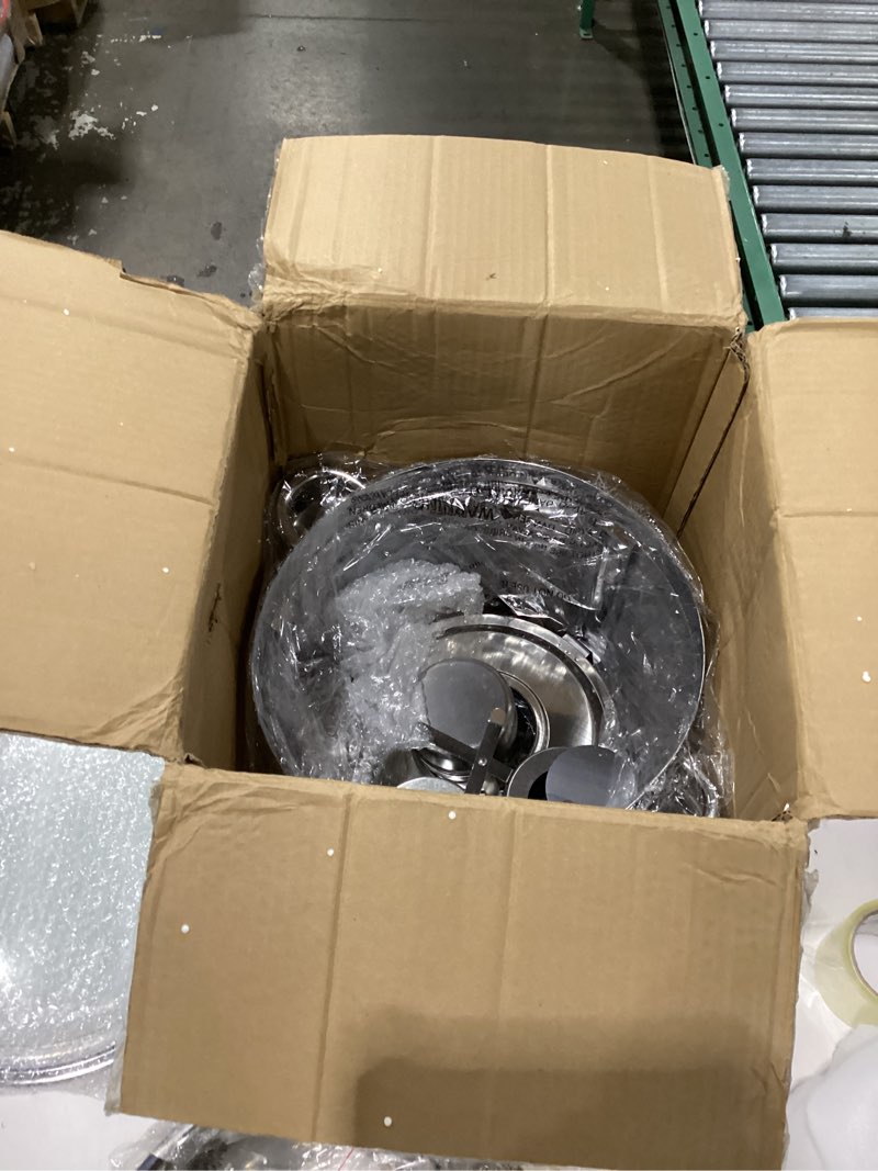 Condition photo showing As Is for WARMOUNTS Round Chafing Dishes for Buffet with Glass Lid, 5QT 4 Pack Chafers and Buffet Warmers Set with Mirror-Polished Stainless Steel, Rolled Rim, Stackable, Lid Holder for Parties, Catering