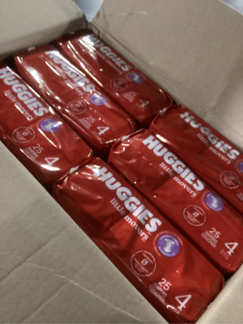Condition photo showing New/Like New for huggies size 4 diapers, little movers baby diapers, size 4 (22-37 lbs), 150 count (6 packs of 25), packaging may vary size 4 150