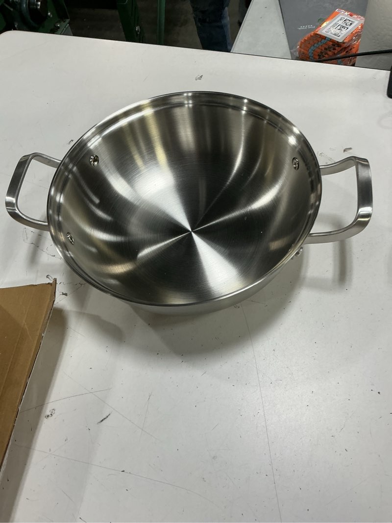 Condition photo showing New/Like New for ( incomplete ) Delarlo Tri-Ply Stainless Steel 11 inch Everyday Pan with Lid, Kitchen Induction Deep Saute Pan,shabu shabu pot High Side Cooking Pot 3.5QT, Oven Safe Stock Pot, Up to 600? Stainless Steel 11 Inch/3.5QT