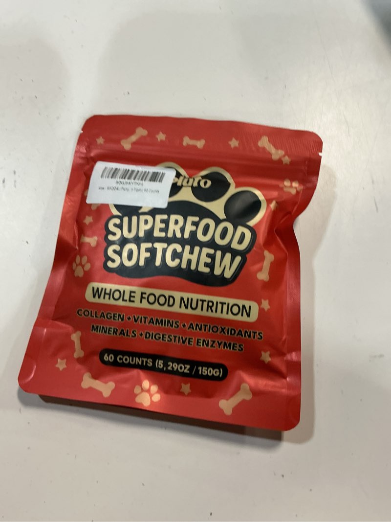Condition photo showing New/Like New for  Exp: 12/10/exp Pluto Softchew – 25-in-1 Formula for Dogs, Supports Joint Mobility, Digestive & Skin Health, Omega & Probiotics Formula –Small/Medium/Large Dogs, Salmon Flavor, 60 Counts
