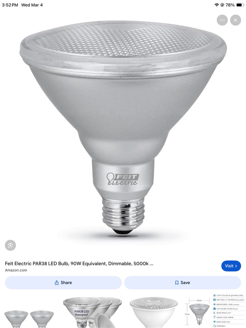 feit electric par38 led light bulb, 90w equivalent, dimmable, 1000 lumens, e26 standard base, 5000k 